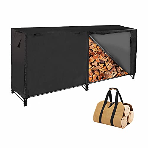 8ft Outdoor Indoor Firewood Log Rack with Waterproof Cover and Log Carrier Tote Bag HeavyDuty Fire Wood Storage High Capacity Log Holder Stand for Fireplace Easy Assemble  Black