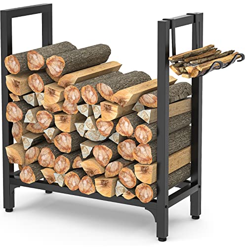 Girapow Firewood Rack Holder 24 Inch Fire Wood Log Storage Stand with Kindling Holder for Indoor Fireplace Outdoor Patio Fire Pit Stove Sturdy Construction Easy to Assemble