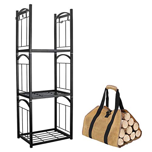 IZLIF 3 Tier Fireplace Log Rack with Removable Hanging Hooks and Waxed Canvas Firelog Wood Carrier Bag Indoor Outdoor Stacking Fireside Firewood Holder Lumber Storage