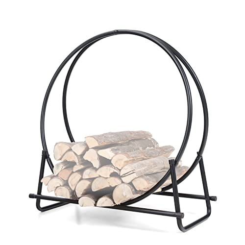 PHI VILLA 30 Inch Log Hoop Firewood Rack Fireplace Wood Storage Holder IndoorOutdoor Heavy Duty Iron Black