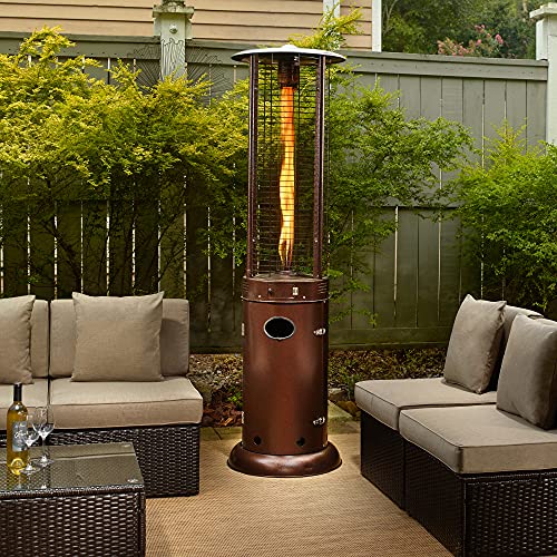 Pebble Lane Living Patio Heater FloorStanding Propane Commercial Patio Heater Outdoor 41000 BTUs Gas Cylinder Heater Glass Tube Wheels Stainless Steel Base Round Reflector Shield Hammered Bronze