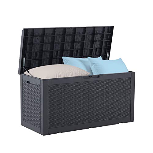 BLUU 100 Gallon Outdoor Deck Box with Cushion for Outdoor Pillows Pool Toys Garden Tools Furniture and Sports Equipment Waterproof Cabinet  Black  Lock Included