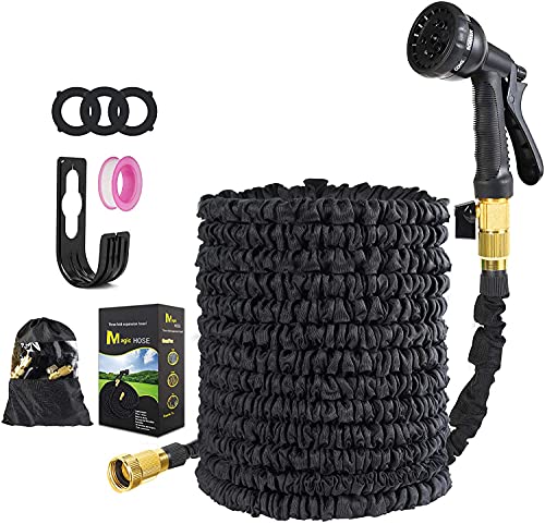 Expandable Garden Hose Kink FreeLightweight Latex Flexible AntiLeakage Water Hose with 8 Function Nozzle 、Brass Connector、Pocket Easy Store for Lawn Garden Watering Equipment(Black 100FT30M)