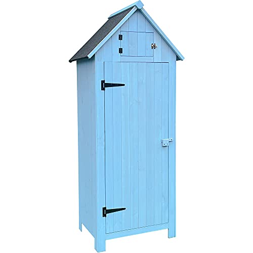 Hanover HANWS0102BLU Outdoor Vertical Wooden Storage Shed for Tools Equipment Garden Supplies with Shelf and Lock 87 cu ft CapacityHANWS0102BLU Blue