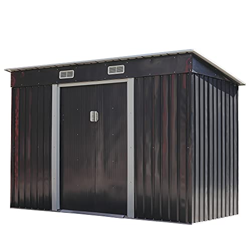 JAXSUNNY 4x9 FT Outdoor Storage Shed w Floor Frame Galvanized Steel Tool Shed House for Patio  Backyards Garden Tool Storage ShedPrefect for Outdoor Supplies Lawn Equipment Dark Grey