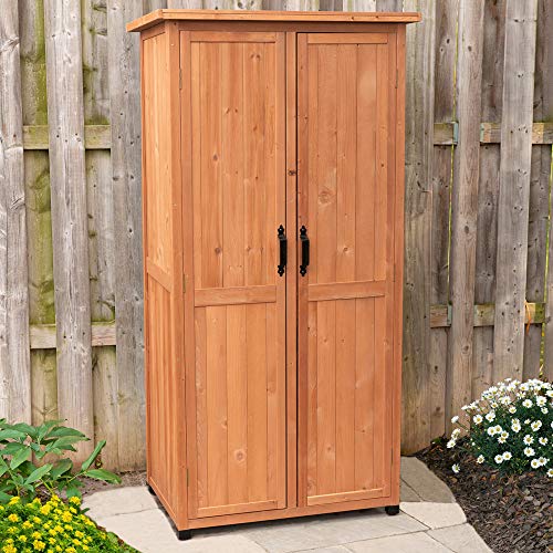 Leisure Season VSS3005 Vertical Storage Shed  Brown  Indoor and Outdoor Wooden Equipment Closet  Lockable Lawn Garden Backyard Patio Tool Cabinet Organizer  Large Locker with Door and Shelves