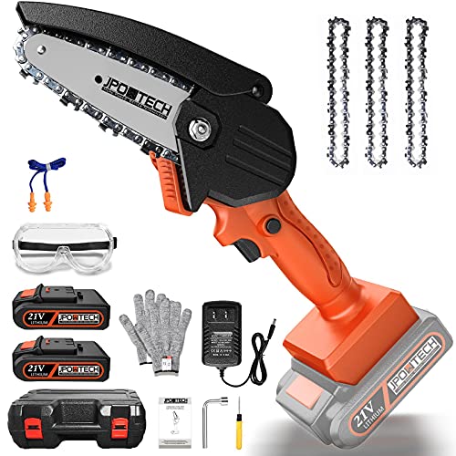JPOWTECH Mini Chainsaw Cordless 4 Inch Electric Chain Saw with 2pcs 1500mAh Rechargeable Lithiumion Battery Powered OneHand Operated Portable Small Chainsaw for Wood Cutting Tree Pruning (Orange)