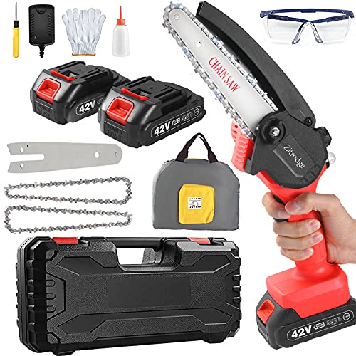 Mini Chainsaw 6 inch 42V Cordless Electric Pruning Chain Saw OneHand Rechargeable Portable Chainsaw for Branch Wood Cutting Tree Trimming and Gardening (Incl 2x Battery 2x Chain 2x Bag)