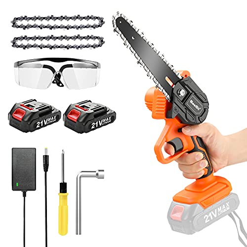 Mini Chainsaw Cordless Battery Powered Chain Saws 6Inch Seesii Handheld Chainsaw Rechargeable Electric Mini Chainsaw for Pruning Trees Wood Cutting (2pcs Batteries 2pcs Chain)