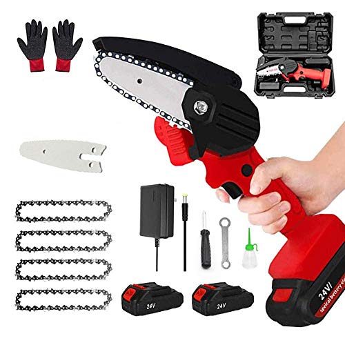 Mini Chainsaw Cordless Portable 24V Electric ChainsawOneHand LightweightHousehold Small Handheld Electric Saw for Wood Cutting Tree Pruning (2pcs Batteries 4pcs Chains2pcs Guide Plate Red)