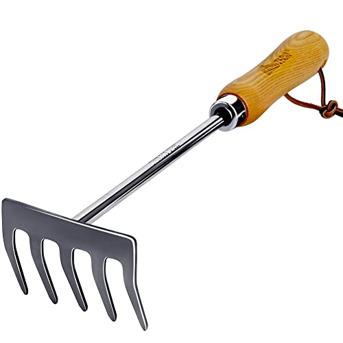 Gardtech Hand Cultivator Rake 5 Claw Tiller Tool Wooden Handle Stainless Steel for Ultimate Strength  Rust ResistantGreat for Tilling Gardening Planting
