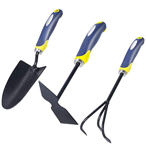 HiBird Garden Tool Set Heavy Duty Gardening Tools kit Garden Cultivator Hand Tool High Carbon Steel Outdoor Hand Tools Includes Garden Hand Trowel Hand Garden Cultivator Garden Hoe Tool 3Pack