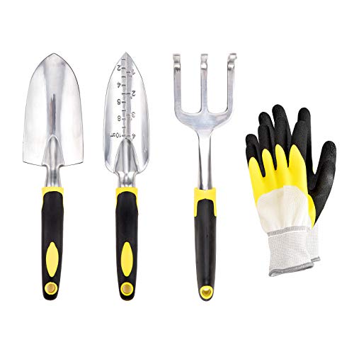 YIXIAO Garden Tool Set 4 Pack Aluminum Gardening Kit with Soft Rubber NonSlip Handle Tools Includes Hand Trowel Transplant Trowel Cultivator Hand Rake Gardening Gloves for Weeding Digging