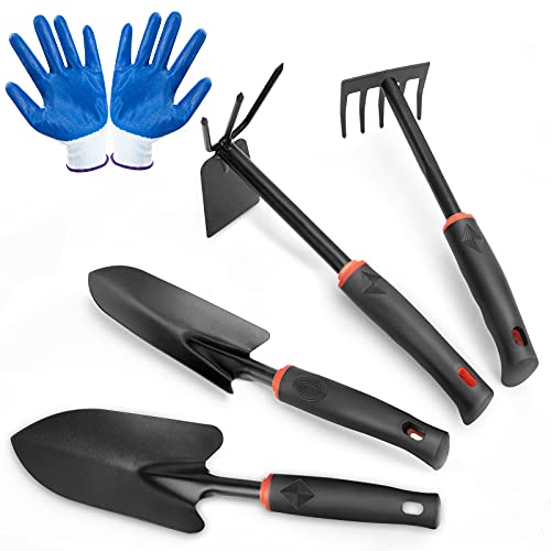 LeeZivvv Garden Tools Set 5 Piece Premium Gardening Hand Kit Includes Garden Shovel Hand Trowel Rake DualPurpose Hoe with Soft NonSlip Rubber Gardening Tools Gift for Women Men(Black)