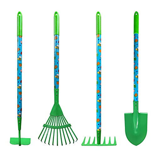 MTB SUPPLY Kids Garden Tool Set with Child Safe Shovel Rake Hoe and Leaf Rake 4 Piece Gardening Kit with Green Head and Long Wood Handles