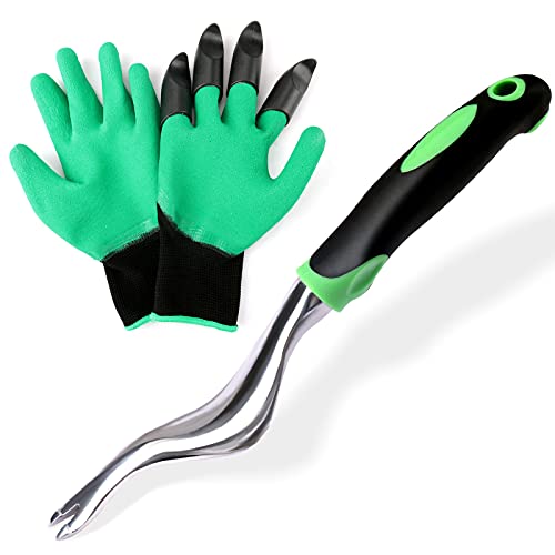 CUPDKS Weed Puller Tool ＆ Gardening Gloves Dandelion Removal Tool Aluminum Alloy Hand Weeder Tools with Ergonomic Handle with Gardening GlovesSuitable for Garden Lawn Farmland Gardening Gifts