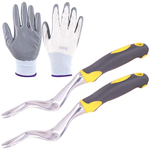 Rustark 3 Pcs Hand Weeder Tool Garden Weeding Tools with Manual Weed Bend Puller and Gloves Gardening Weed Puller Weeding Tools for Garden Lawn Yard Farmland Transplant