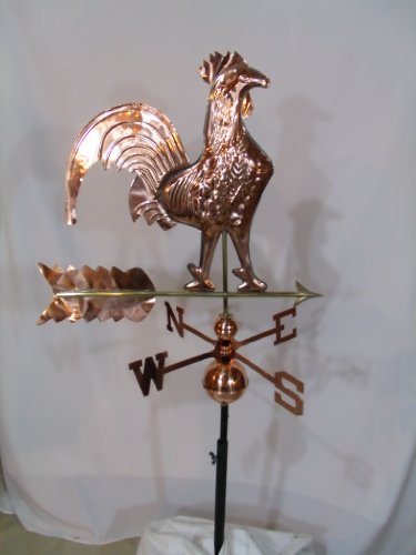 Polished Copper Finish Rooster Weathervane With Free Roof Mount