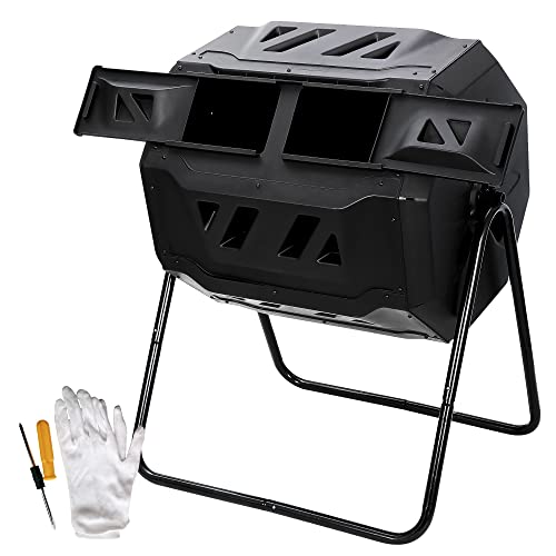 F2C Compost Bin Outdoor Dual Chamber Tumbling Composter 43 Gallon BPA Free Large Tumbler Composters Tumbling or Rotating w Sliding Doors  Solid Steel Frame Garden Yard Black