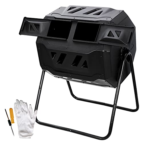 F2C Compost Bin Outdoor Dual Chamber Tumbling Composter 43 Gallon BPA Free Large Tumbler Composters Tumbling or Rotating w Sliding Doors  Solid Steel Frame Garden Yard Black