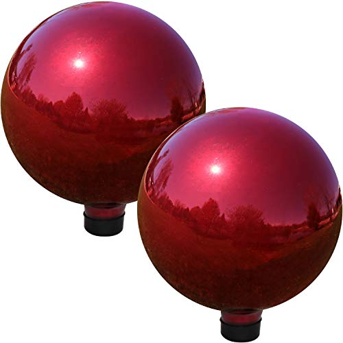 Sunnydaze Gazing Globe Glass Mirror Ball 10 Inch Stainless Steel Red Set of 2