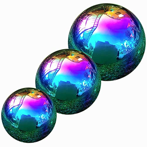 Rainbow Gazing Globe Ball Garden Sphere Ball Mirror Polished Hollow Ball Stainless Mirror Sphere Steel Home Garden Ornament Decoration 3 Pieces