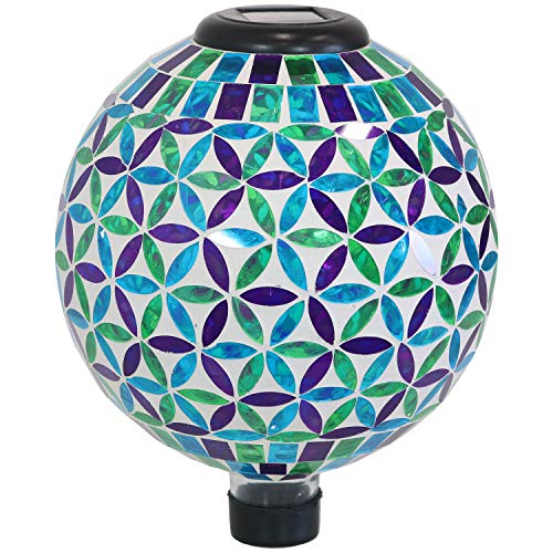 Sunnydaze Glass Mosaic Gazing Globe with Solar Light Blue Cool Blooms Design Garden and Landscape Decor 10Inch