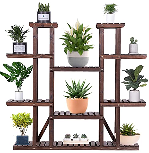 AMERLIFE Wooden Plant Stand Flower Rack 9 Tier Wood Plant Shelf Display Storage Rack Organizer for Plant Flower Pots Indoor Outdoor Living Room Office Patio Garden Yard Balcony 445x445x10