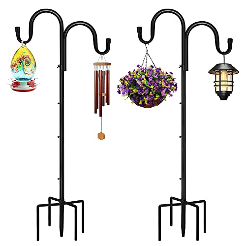 JAKIN Shepards Hooks for Outdoor 63 Inch with 35 Inch Thick Heavy Duty Garden Double Bird Feeder Hangers for Outside Outdoor Hummingbird Feeder Stand with 5 Prongs Base