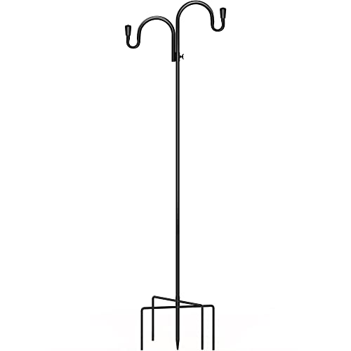 PEEKI Double Shepherds Hook 47 Inches Adjustable Bird Feeder Pole for Outside with 5Prong Base Heavy Duty Garden Shepards Hooks for Outdoor Plant Hanger Hummingbird Feeder Stand (1Pack)