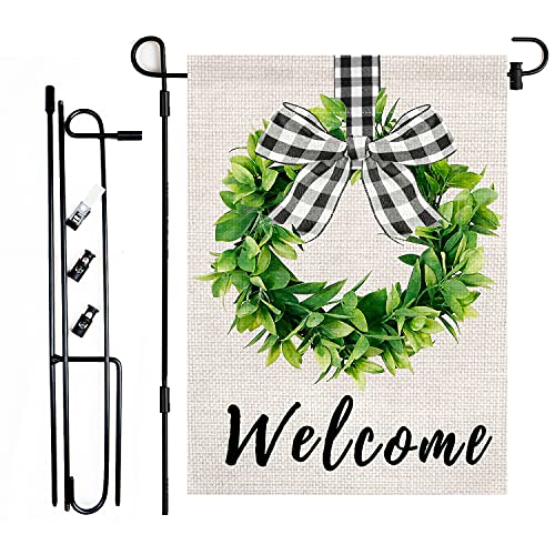 XIFAN Welcome Garden Flag with Holder Stand Set Heavyweight Burlap Boxwood Wreath Flag Double Sided Small 125 x 18 Inch  Black Garden Flag Holder Spring Yard Farmhouse Outdoor Decoration