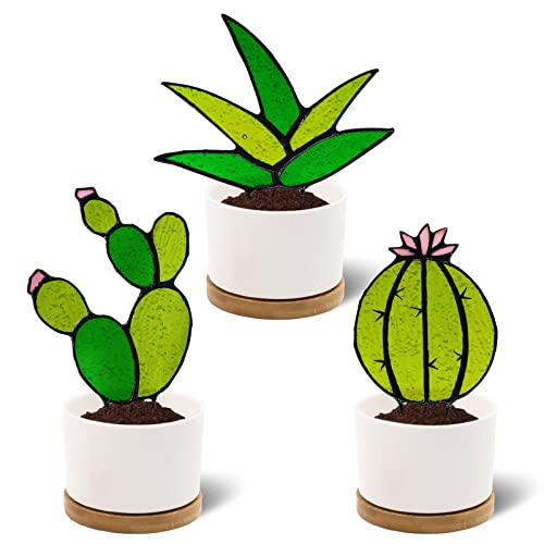 3pcs Succulent Plant Stained Glass Mini Cactus Suncatcher (No Pot) Cacti Patio Garden Potted Plant Lover Gift Handmade Double Side Light Transmission Glass Holiday Birthday Gift Table Shelf Decor
