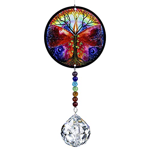 Clear Crystal Prism Suncatcher Ornament with Metal Tree of Life Charm Stained Glass Beads for Window Garden Wall Hanging Decoration