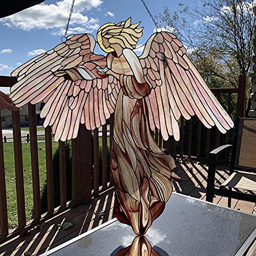 Follure Stained Glass Angel Guardian Angel Suncatcher  Elegant Angel Iridescent Wings Soft Pink Gown Handmade Art Home Decoration Outdoor Decoration Window Hanging Pendant Gift (177x118Inch)