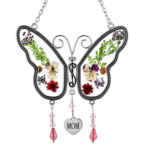Mom Butterfly Suncatchers Stained Glass Mother Suncatchers with Pressed Flower Wings Embedded in Glass with Metal Trim Mom Heart Charm  Gifts for Mom Mom for Birthdays Christmas