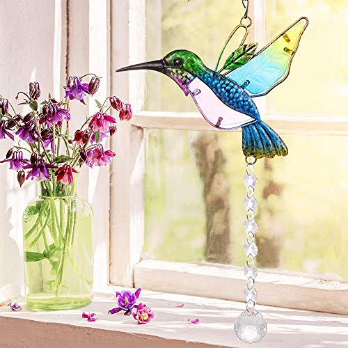 Stained Glass Window Hangings Hummingbird Suncatcher Crystal Hanging Crystals Window Suncatcher Lndoor and Outdoor Hanging Decorations Crystal Hummingbird Garden Decoration Gift (Blue AHummingbird)
