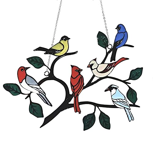 YIDAI Bird Suncatcher Stained Glass Window Hangings Multicolor Birds onAWire Window Hummingbird Pendant Metal Suncatcher Window Panel for Bird Lover (B)