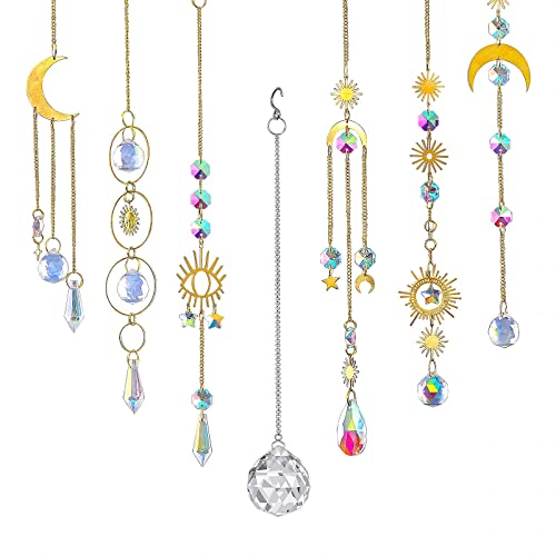 Crystal Suncatcher6 Pcs Handmade Brass Colorful Star Moon Pendant Sun Catcher OrnamentsMake Rainbow for Home Window Hanging by Suncatcher for Home Garden Christmas Day Party Wedding Decoration