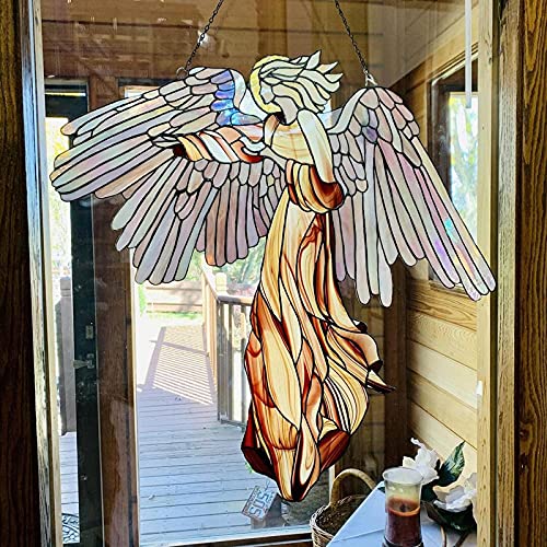 Follure Glass Angel Hanging Decor Angel SuncatcherElegant Angel Iridescent Wings Soft Pink Gown Handmade Art Home Decor Outdoor Decoration Window Hanging Pendant Gift for Family