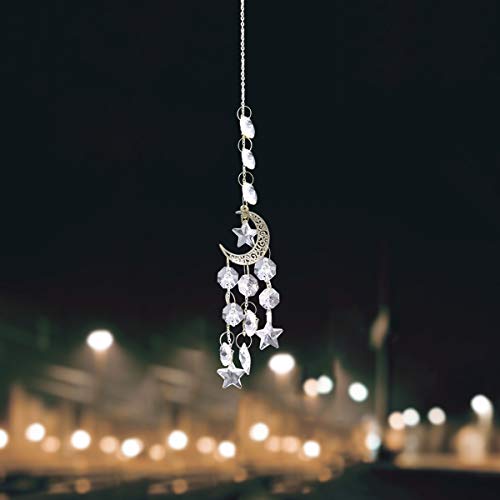 Jescrich Crystal Suncatcher with Ball Star Prisms Pendant Handmade Metal Half Moon Suncatcher Hanging Ornament Craft Gifts for PartyWindowCarHome Wall DecorGarden Decoration (Silver)