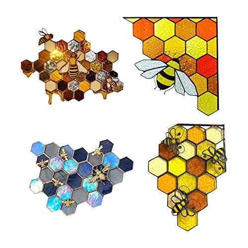globalqi 4PCS Queen Bee Protect Honey Suncatcher Stained Glass Bee Suncatchers for Windows for Mosaic Handmade Home Decoration Wall Art
