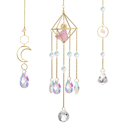 3 Pieces Crystal Suncatchers Hanging Prisms Rainbow Moon Sun Catchers with Crystals for Windows Colorful Garden Wind Chimes with Chain Pendant Ornaments for Wedding Party Indoor Outdoor Decorations