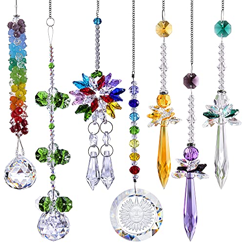 7pcs Crystal Sun Catcher Hanging Suncatchers Colorful Crystal Chandelier Pendant Garden Hanging Tree Window Prism Ornament for Home Cars Decoration