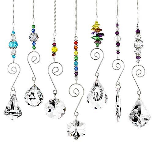 BKpearl 7 Pcs Crystals Sun Catcher Hanging Suncatchers Beads Chain Sphere Chandelier Lamps Light Pendant for Christmas Day Wedding Plants Cars Window Décor (White)