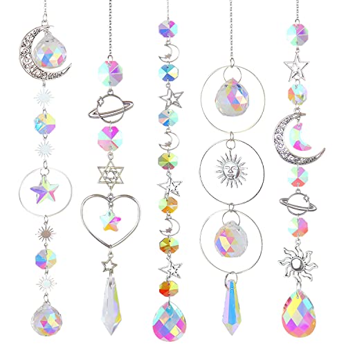 ilclviz 5 Pieces Colorful Crystals Suncatcher Silver Hanging Sun Catcher Chain Crystal Chandelier Pendant Ornament for Window Garden Plants Christmas Day Decor(ColorA)