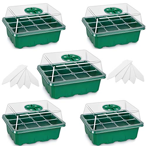 5Pack Seed Starter Tray Seedling Starter Kits Plant Starter Kit with Humidity Domes and Base Indoor Greenhouse Mini Propagator Station for Seeds Growing Starting (12 Cells per Tray)  Green