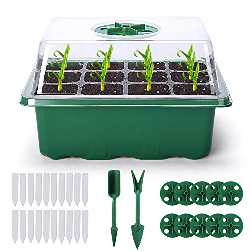 Delxo 10Pack Seed Starter Kit Seedling Starter Tray (12 Cells per Tray) Humidity Adjustable Plant Germination Kit Garden Seed Starting Tray with Dome and Green Base Plus Plant Tags Hand Tool Kit