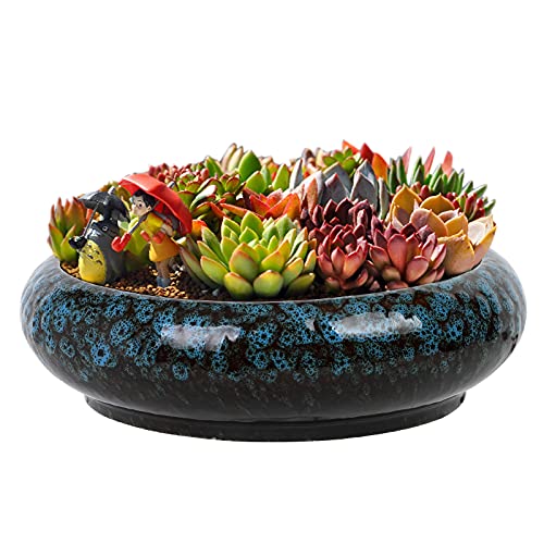 73 Ceramic Round Pot Decorative Glazed Planter with Drainage Hole Plant Container for Succulent Bonsai Cactus Flowers Indoor  Outdoor (Blue)