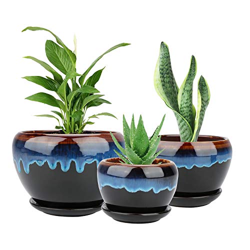 Ceramic Flower Pots Brajttt Round Vintage Rustic Drip Glazed Planters for Succulent Herbs Cactus SML Sized Flowerpots with Saucers for Indoor  Outdoor  Set of 3
