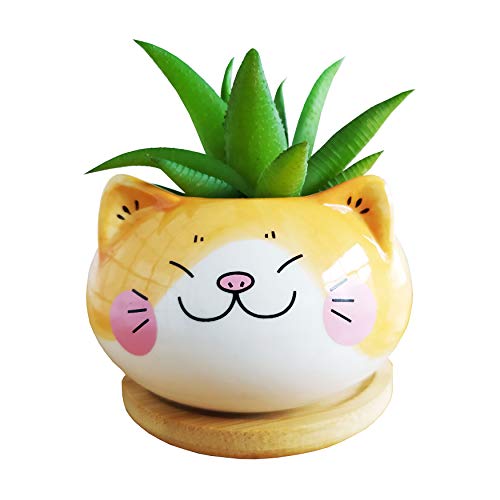 Cute Cartoon Animal Cat Shaped Ceramic Succulent Cactus Flower Plant Pots with Bamboo Tray (Plant Not Included) (Yellow)